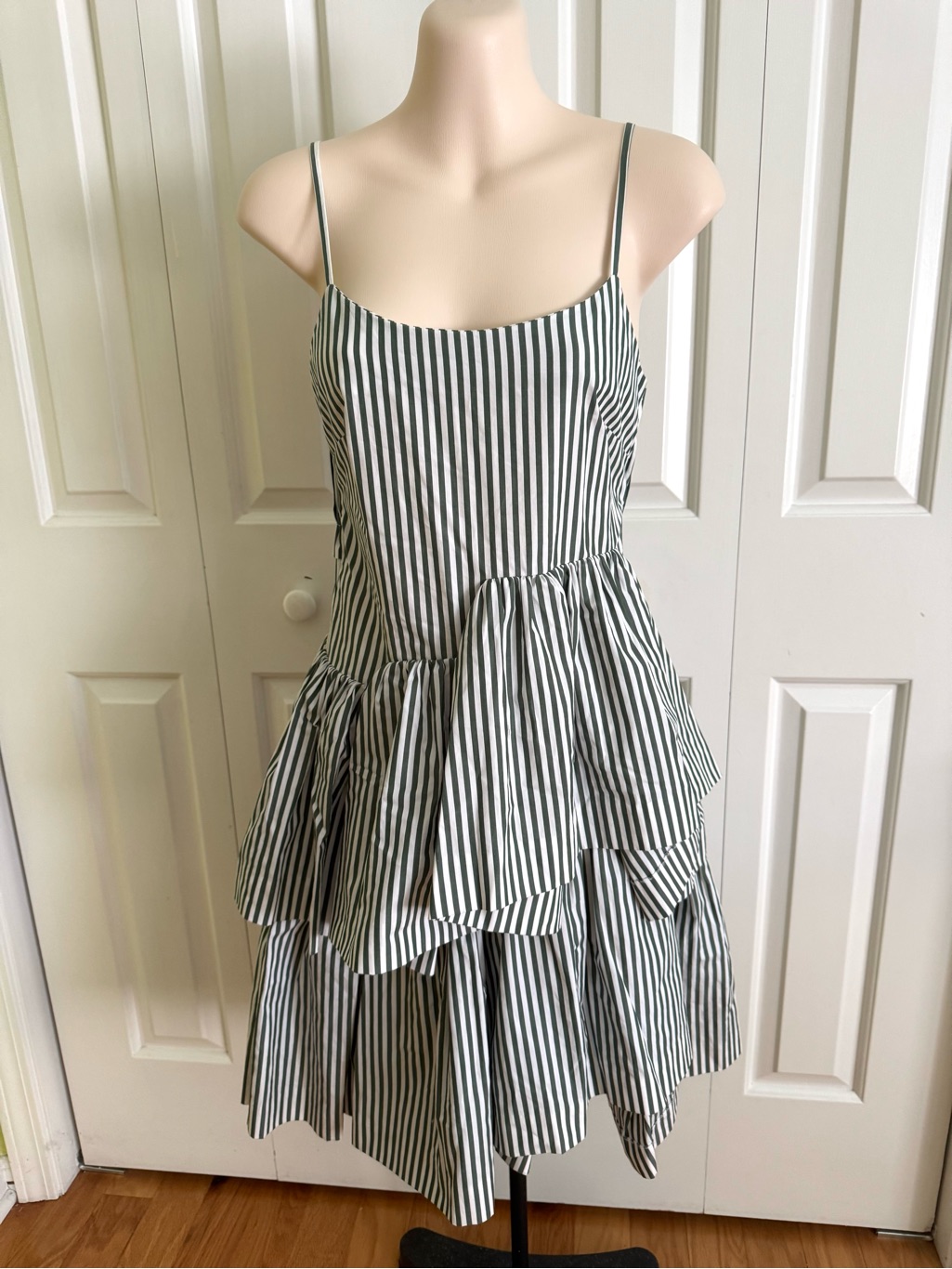 Anais Jourden White/Green Striped Ruffled Sundress Xs Nwot